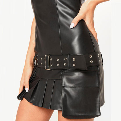 Tube Top Belted Faux Leather Mini Dress