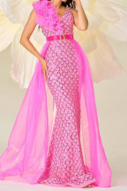 Backless Ruffle Decor Sequin Cape Maxi Dress