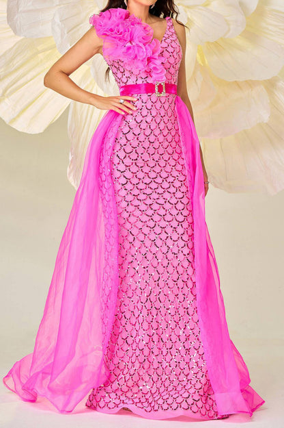 Backless Ruffle Decor Sequin Cape Maxi Dress