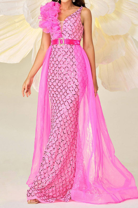 Backless Ruffle Decor Sequin Cape Maxi Dress