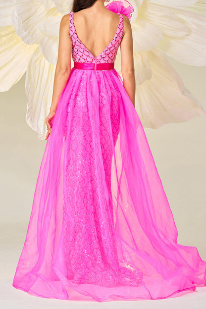 Backless Ruffle Decor Sequin Cape Maxi Dress