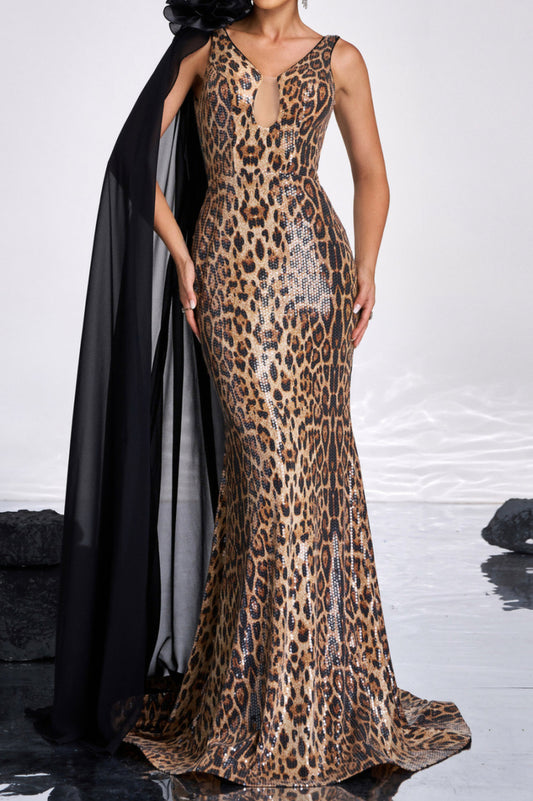 Sequin Leopard Mesh Cape Maxi Dress