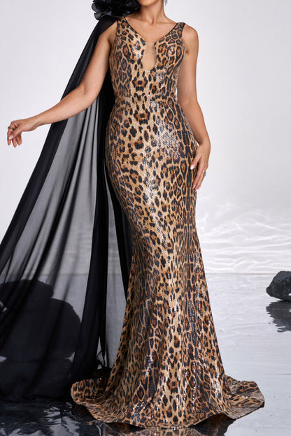 Sequin Leopard Mesh Cape Maxi Dress