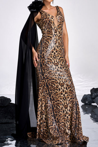 Sequin Leopard Mesh Cape Maxi Dress