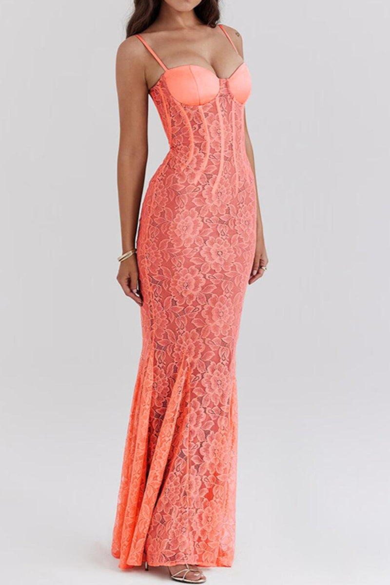 Peach Lace Strap Shoulder Lined Maxi Dress