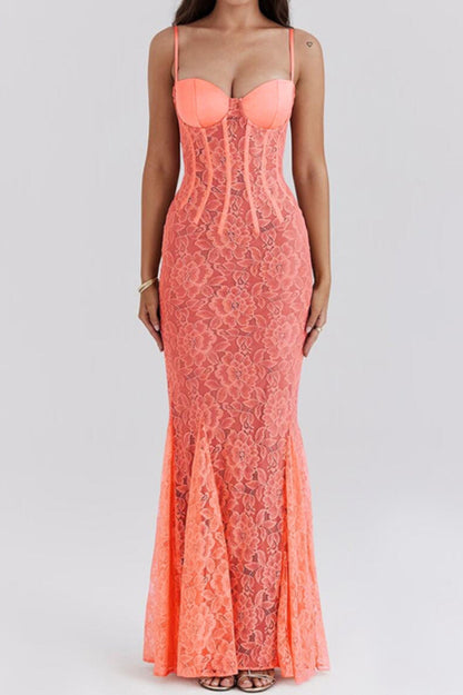 Peach Lace Strap Shoulder Lined Maxi Dress