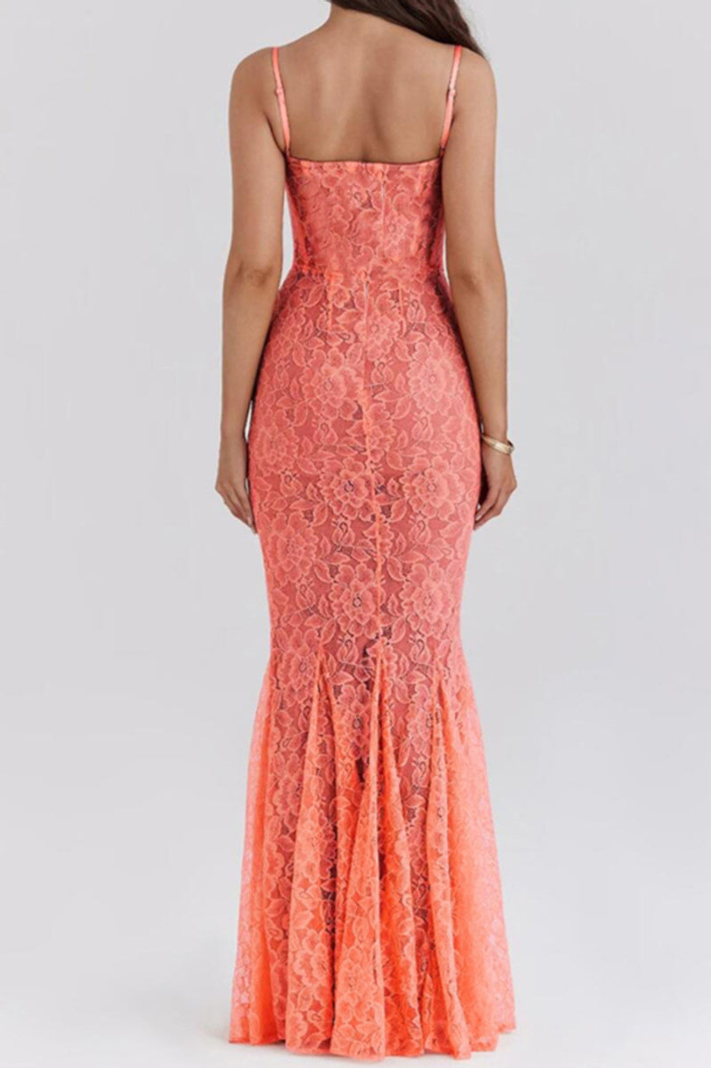 Peach Lace Strap Shoulder Lined Maxi Dress