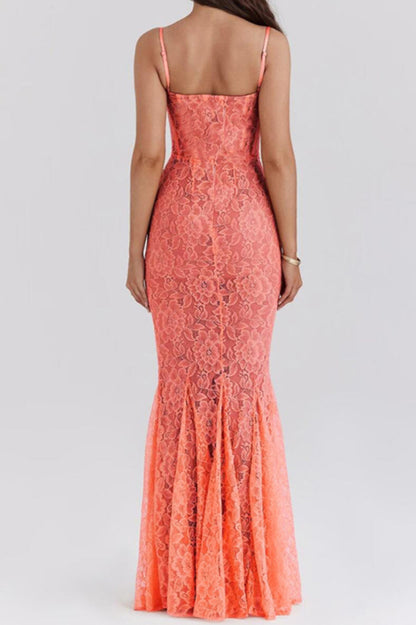 Peach Lace Strap Shoulder Lined Maxi Dress