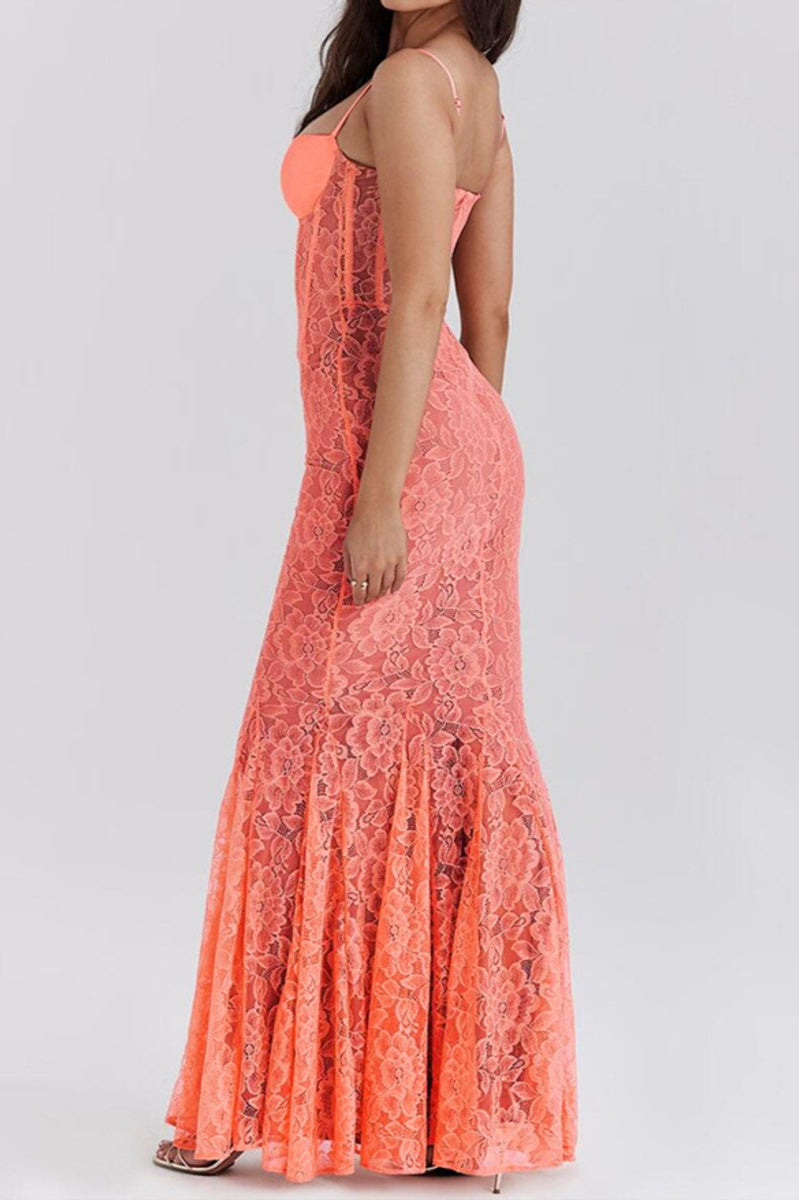 Peach Lace Strap Shoulder Lined Maxi Dress