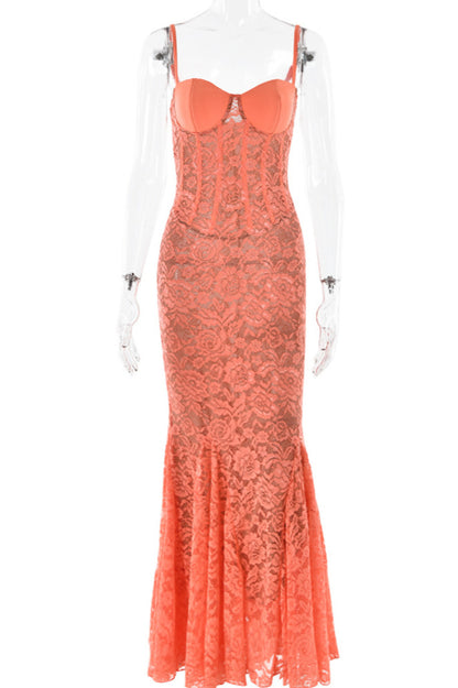 Peach Lace Strap Shoulder Lined Maxi Dress