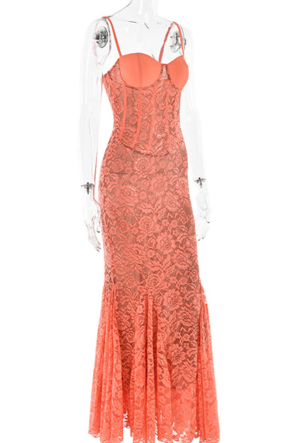 Peach Lace Strap Shoulder Lined Maxi Dress