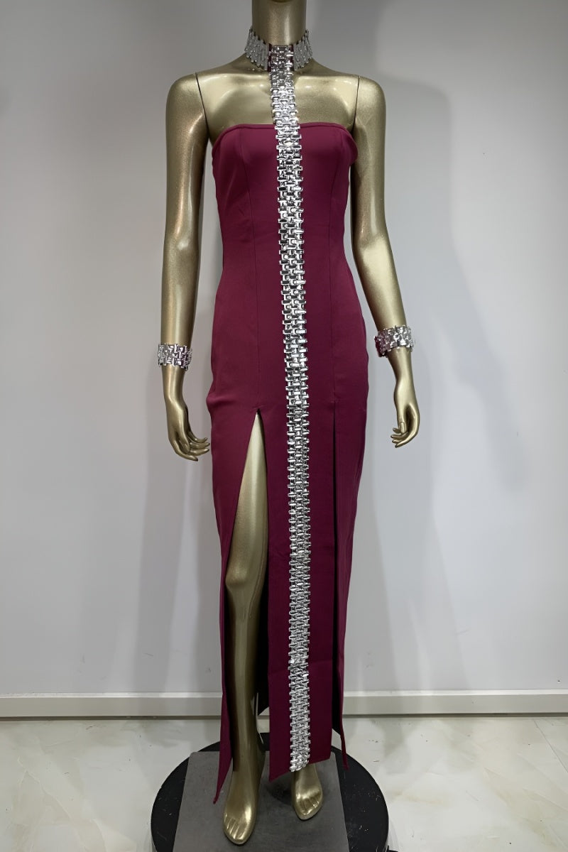 Rhinestone Choke Collar Trail Maxi Dress( Bracelets Included)