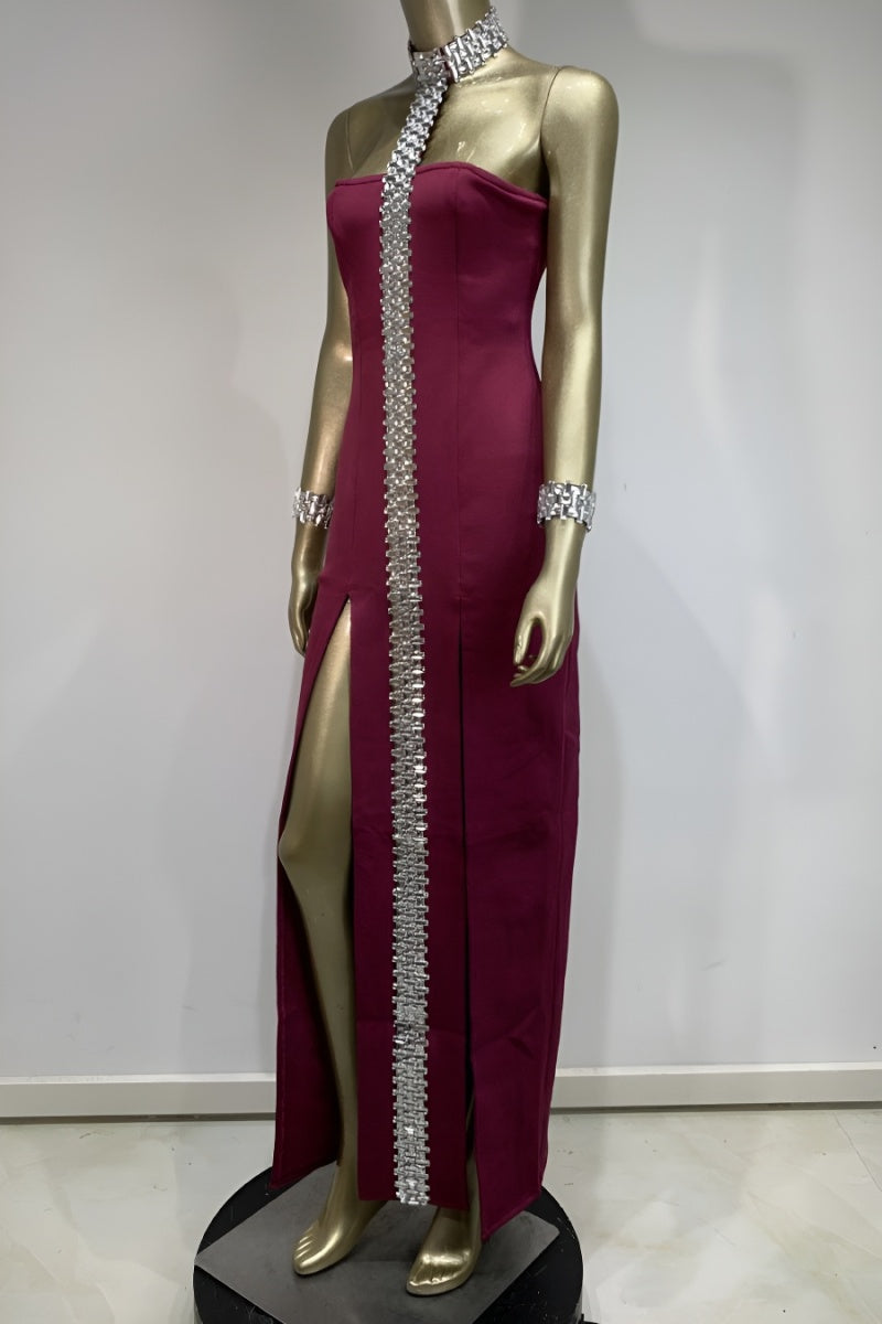 Rhinestone Choke Collar Trail Maxi Dress( Bracelets Included)