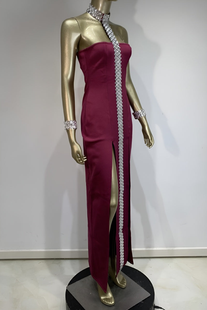 Rhinestone Choke Collar Trail Maxi Dress( Bracelets Included)