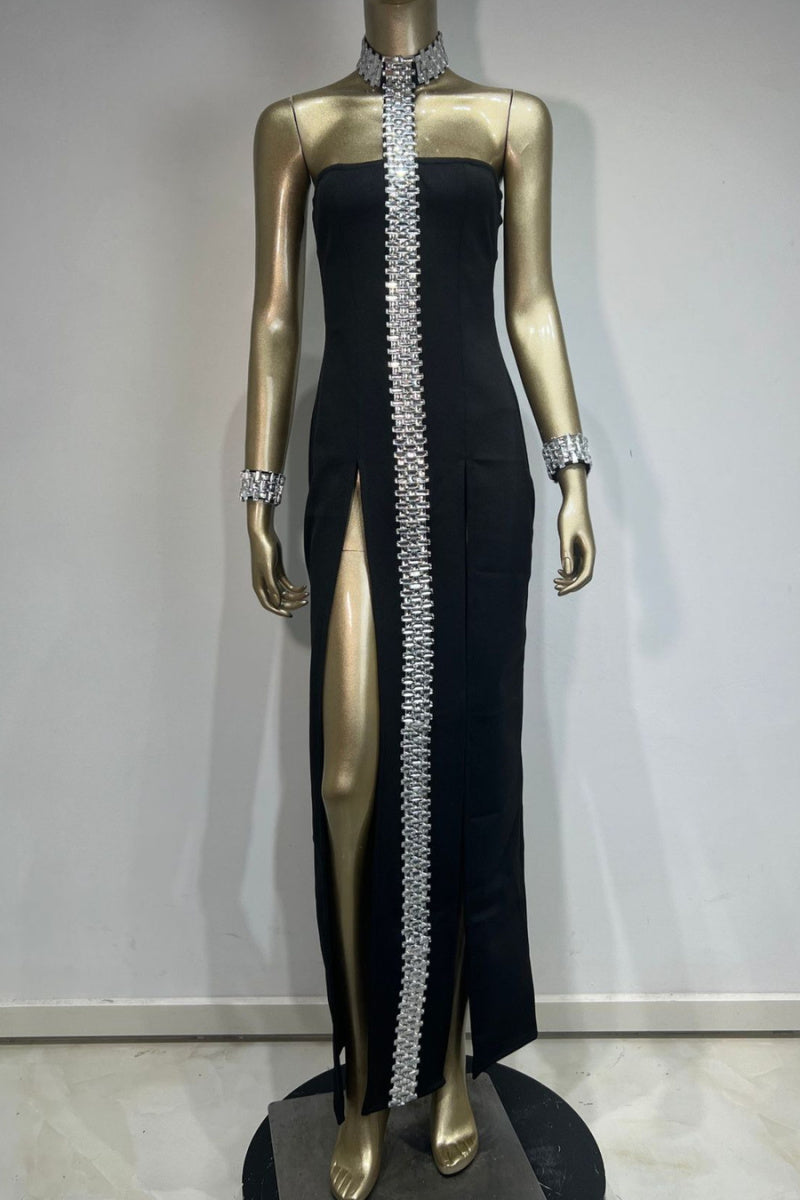 Rhinestone Choke Collar Trail Maxi Dress( Bracelets Included)