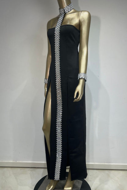 Rhinestone Choke Collar Trail Maxi Dress( Bracelets Included)