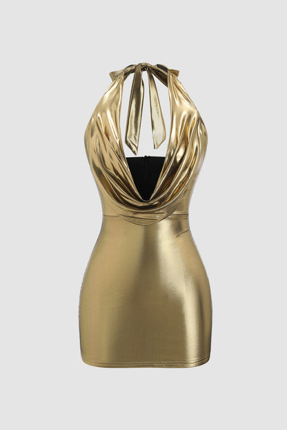 Gold Metallic Draped Collar Mini Dress