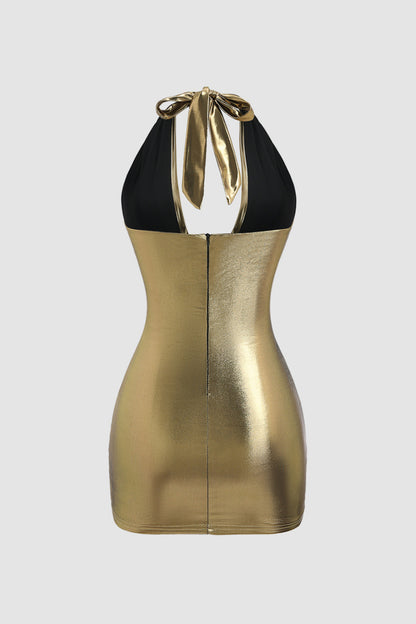 Gold Metallic Draped Collar Mini Dress