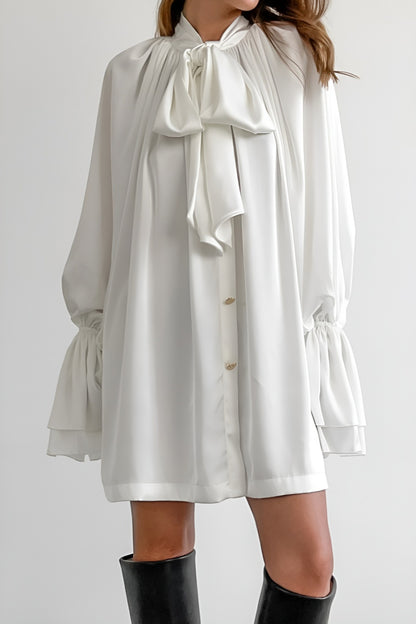 Satin Bell-Sleeve Single-Breasted Mini Shirtdress