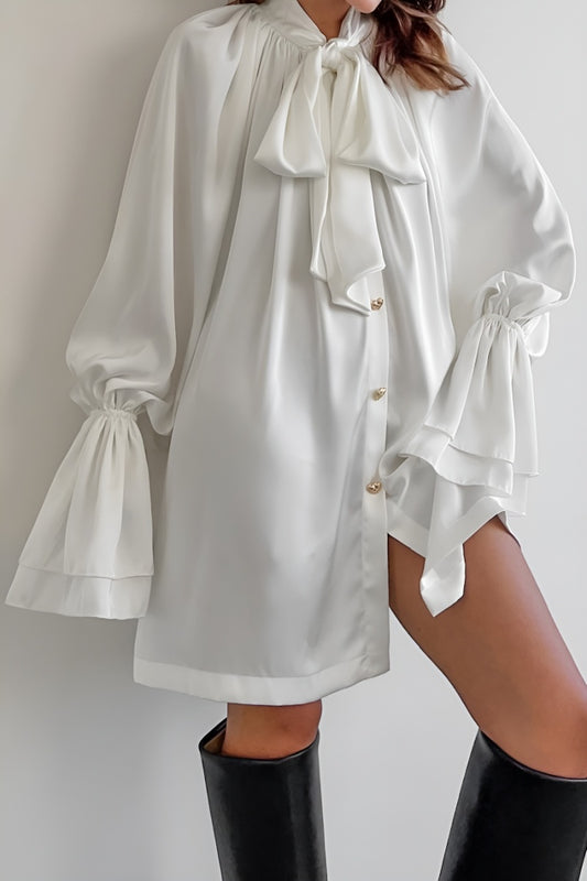 Satin Bell-Sleeve Single-Breasted Mini Shirtdress