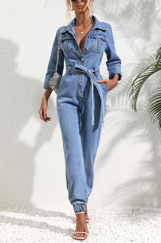 Single-Breasted Belted Jumpsuit With Pockets