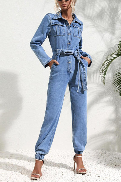 Single-Breasted Belted Jumpsuit With Pockets