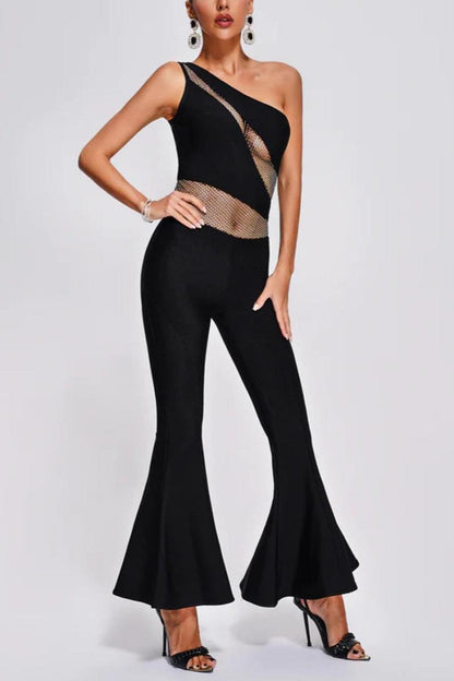 Rhinestone Fishnet Stitching One Shoulder Flared Jumpsuit