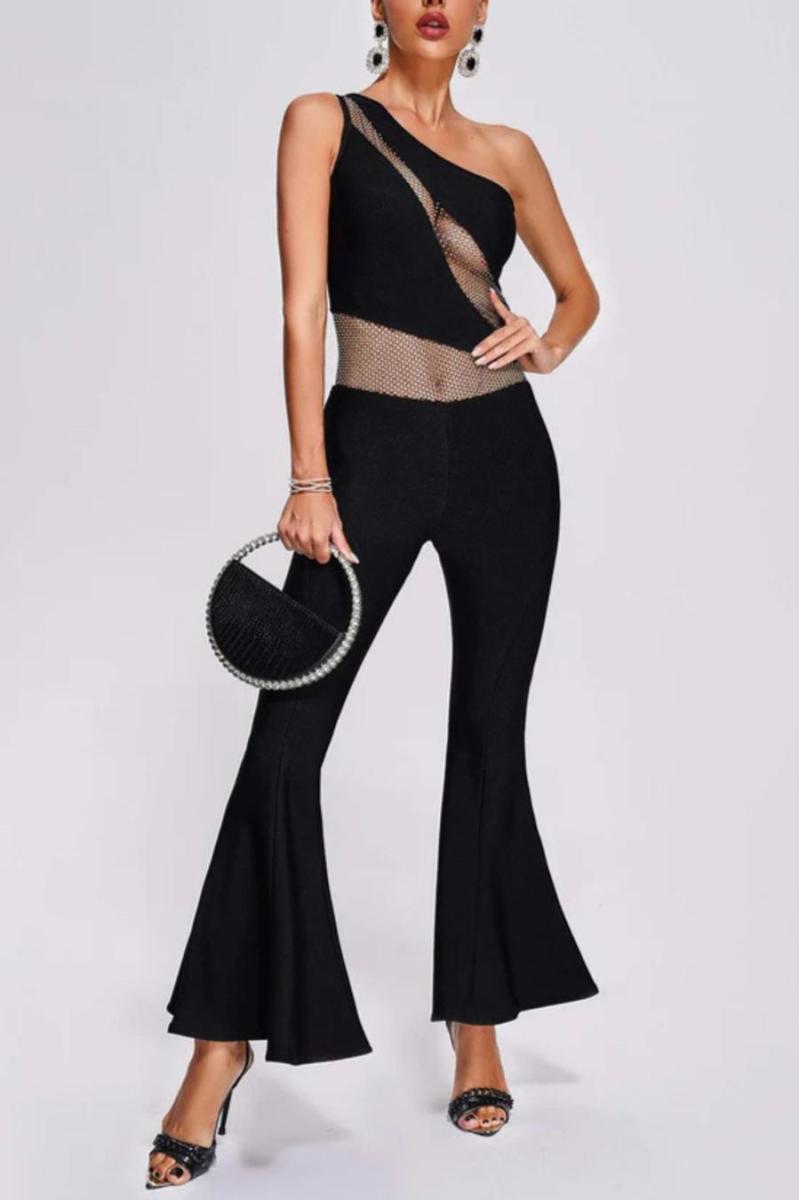 Rhinestone Fishnet Stitching One Shoulder Flared Jumpsuit