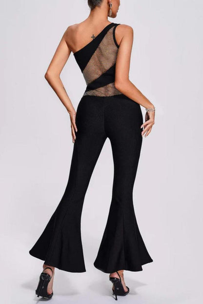 Rhinestone Fishnet Stitching One Shoulder Flared Jumpsuit