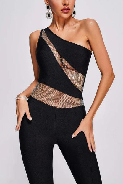 Rhinestone Fishnet Stitching One Shoulder Flared Jumpsuit