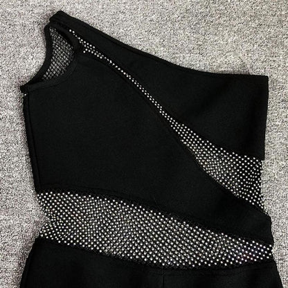 Rhinestone Fishnet Stitching One Shoulder Flared Jumpsuit