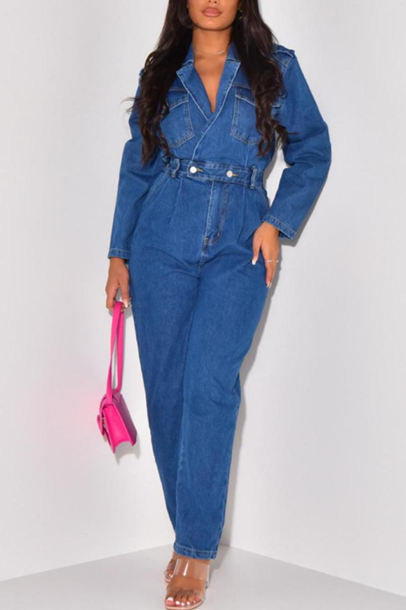 Denim Suit Collar Long Sleeve Jumpsuit