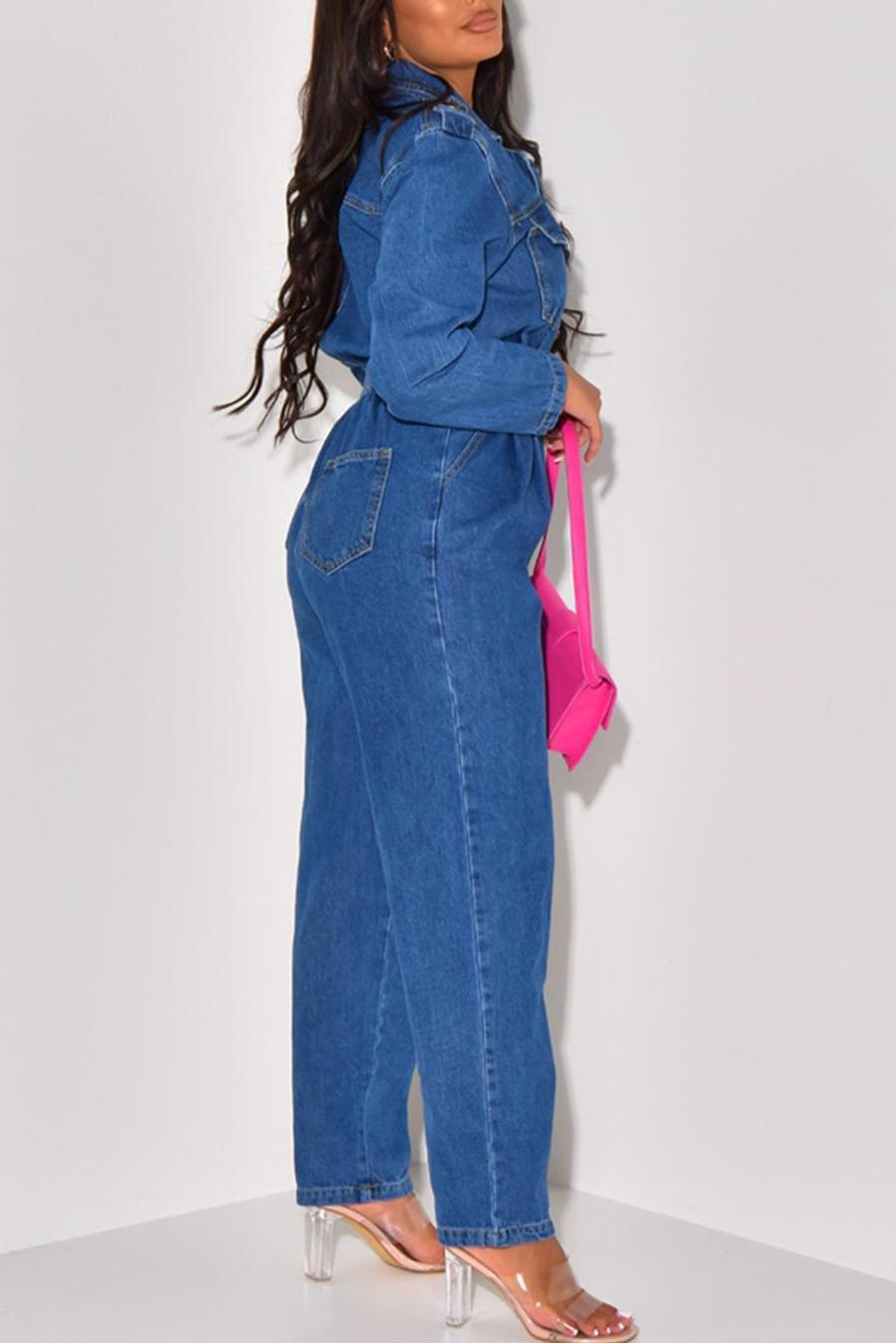 Denim Suit Collar Long Sleeve Jumpsuit