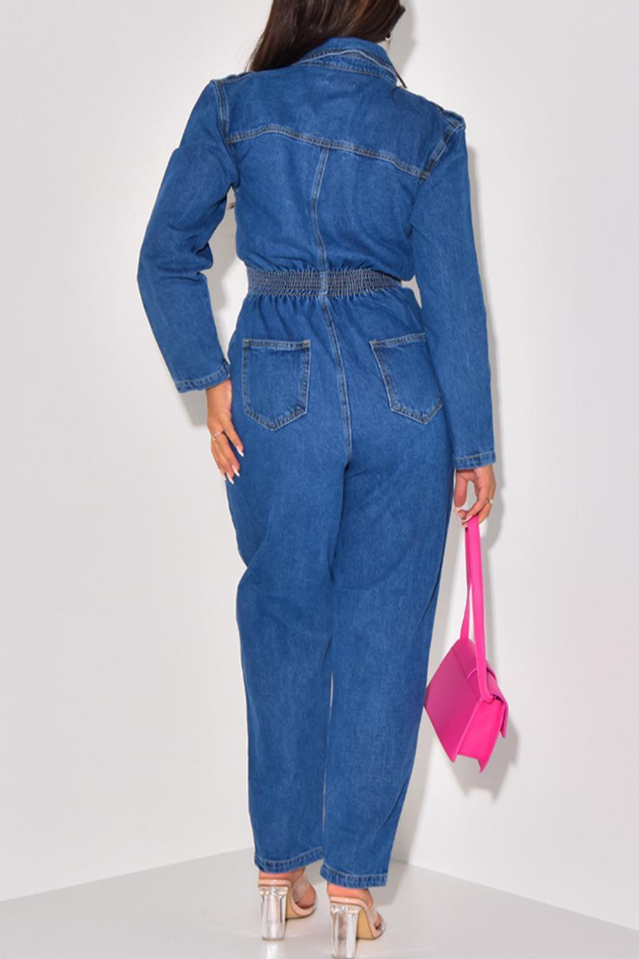 Denim Suit Collar Long Sleeve Jumpsuit