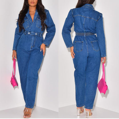 Denim Suit Collar Long Sleeve Jumpsuit