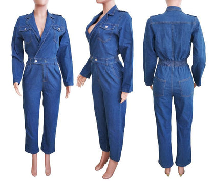 Denim Suit Collar Long Sleeve Jumpsuit