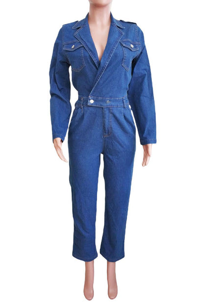 Denim Suit Collar Long Sleeve Jumpsuit