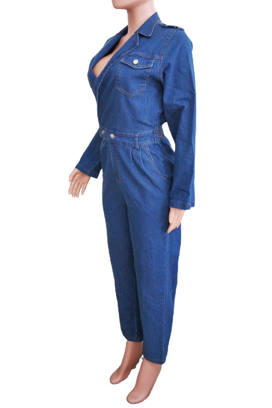 Denim Suit Collar Long Sleeve Jumpsuit