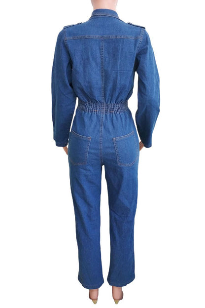 Denim Suit Collar Long Sleeve Jumpsuit