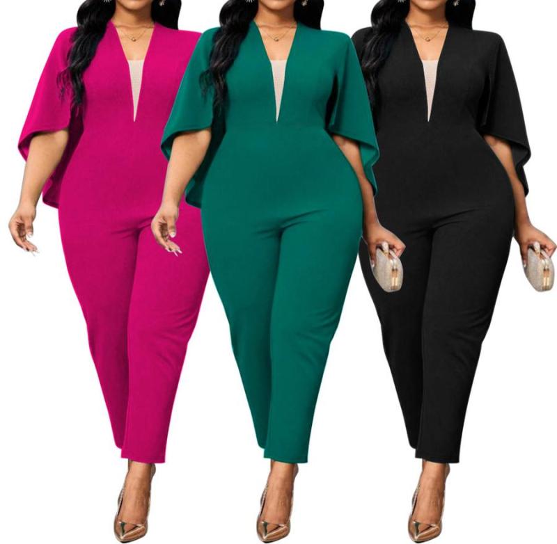 Plus Size Cape Sleeve V-Neck Jumpsuit (XL-5XL)