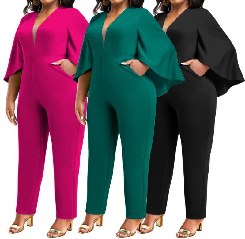 Plus Size Cape Sleeve V-Neck Jumpsuit (XL-5XL)