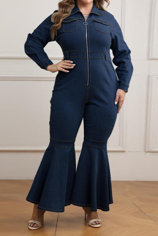 Plus Size Zip-Up Denim Flare Leg Jumpsuit