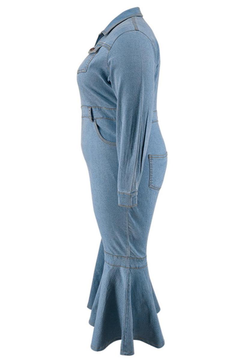 Plus Size Zip-Up Denim Flare Leg Jumpsuit