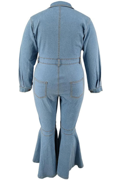 Plus Size Zip-Up Denim Flare Leg Jumpsuit