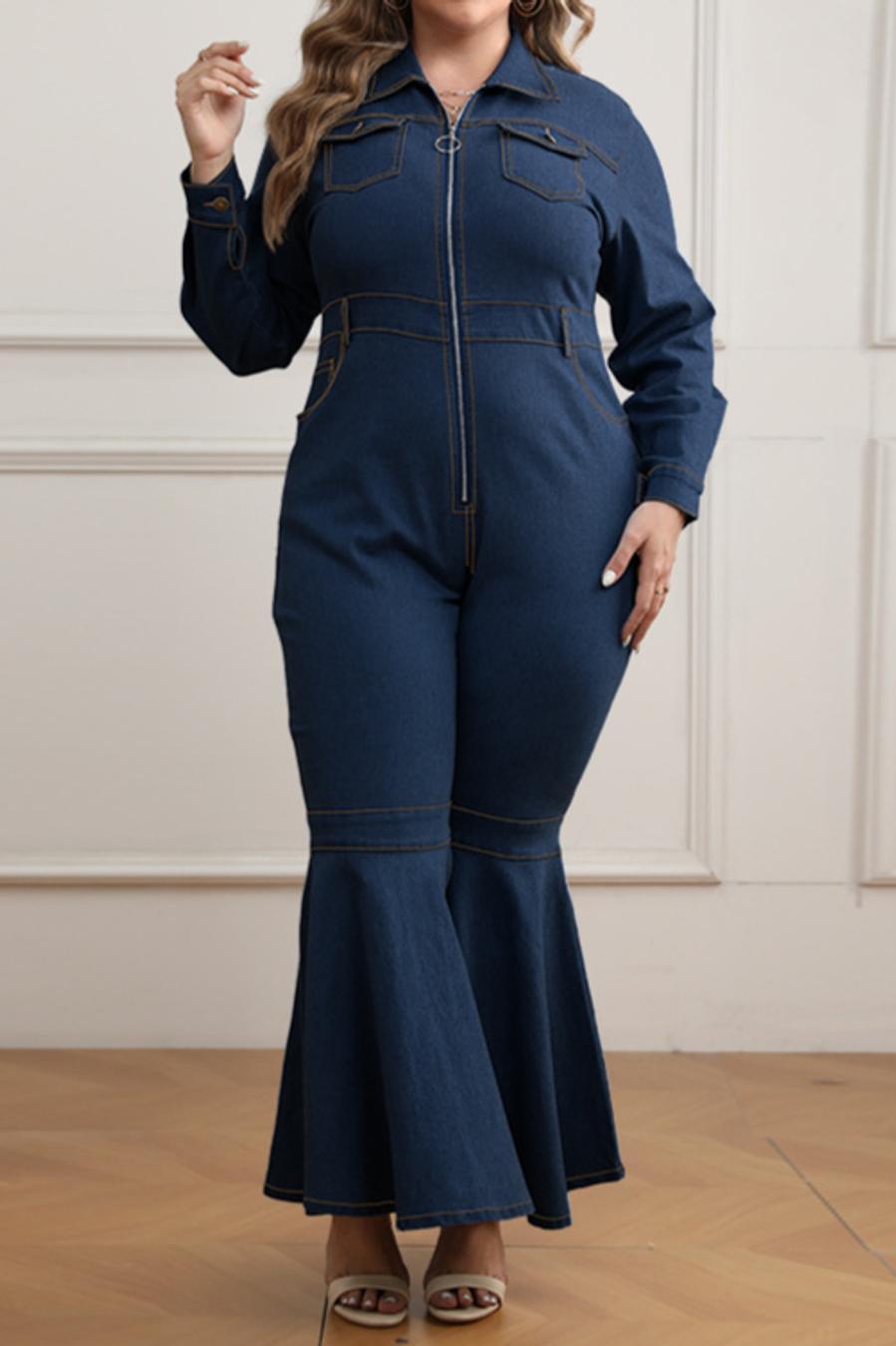 Plus Size Zip-Up Denim Flare Leg Jumpsuit