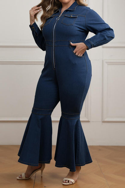 Plus Size Zip-Up Denim Flare Leg Jumpsuit