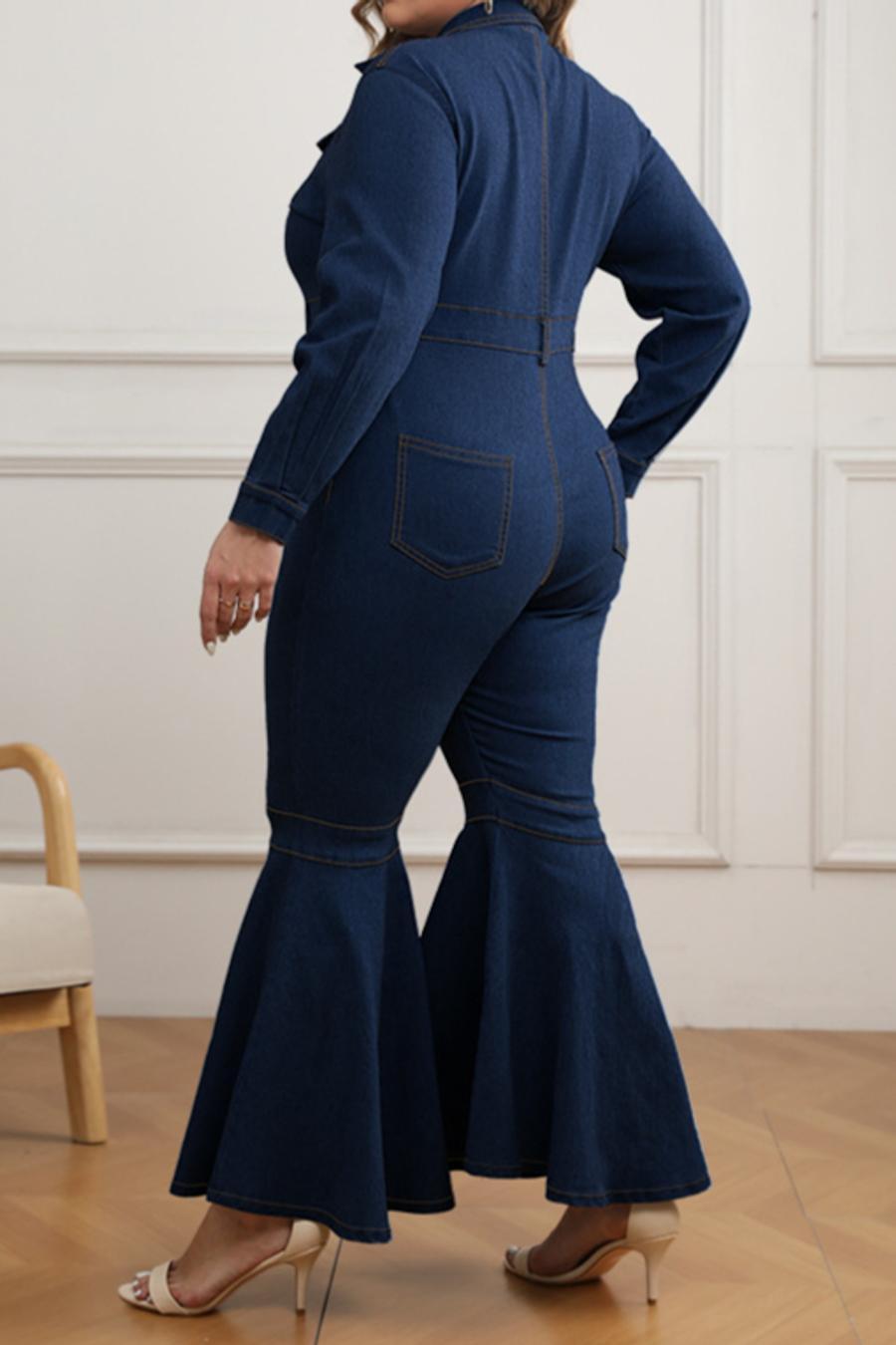 Plus Size Zip-Up Denim Flare Leg Jumpsuit