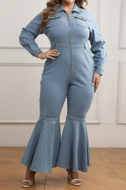 Plus Size Zip-Up Denim Flare Leg Jumpsuit