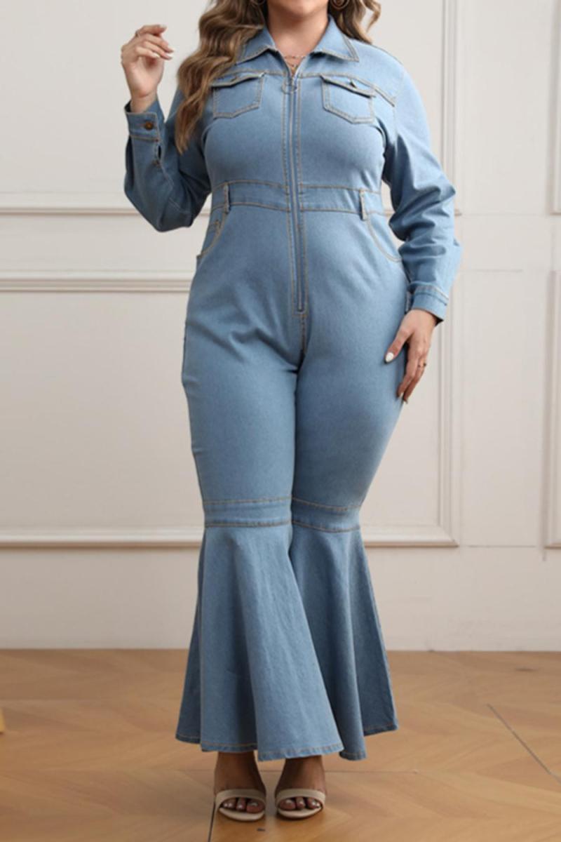 Plus Size Zip-Up Denim Flare Leg Jumpsuit