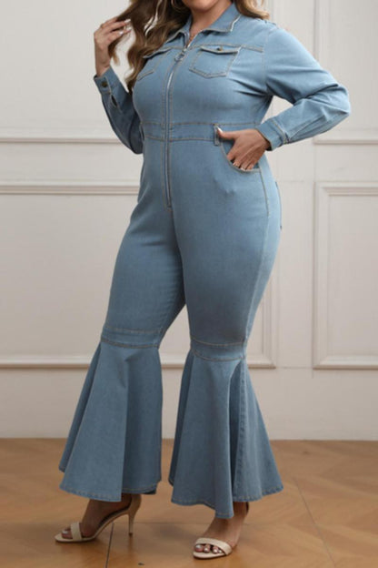 Plus Size Zip-Up Denim Flare Leg Jumpsuit